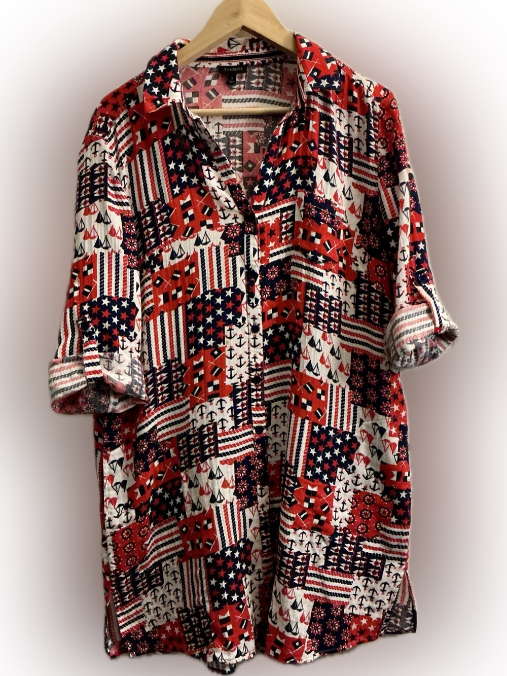 Talbots Nautical Crinkle Cotton Beach Shirt Cover Up Small Red White Blue